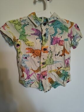 Short Sleeve Button-Up Shirt with Multicolor Dino Print